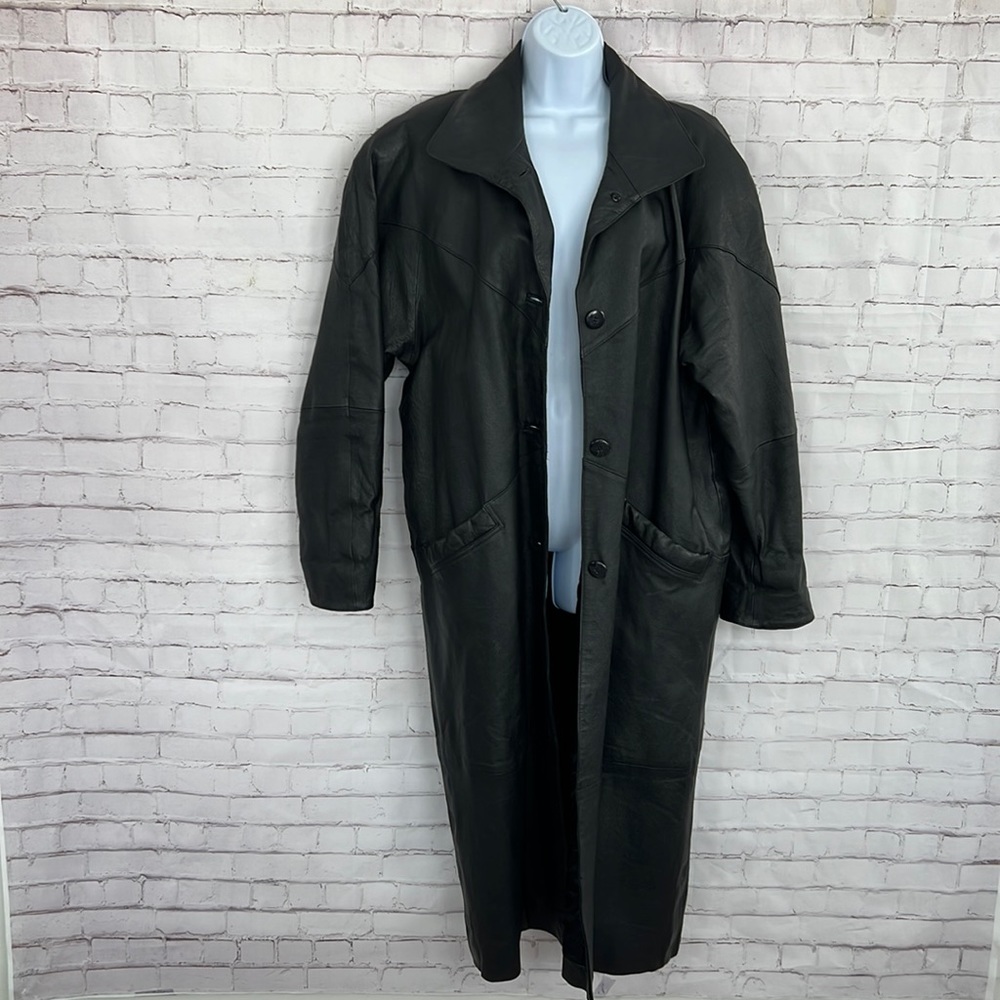 80’s black leather trench coat size medium oversized